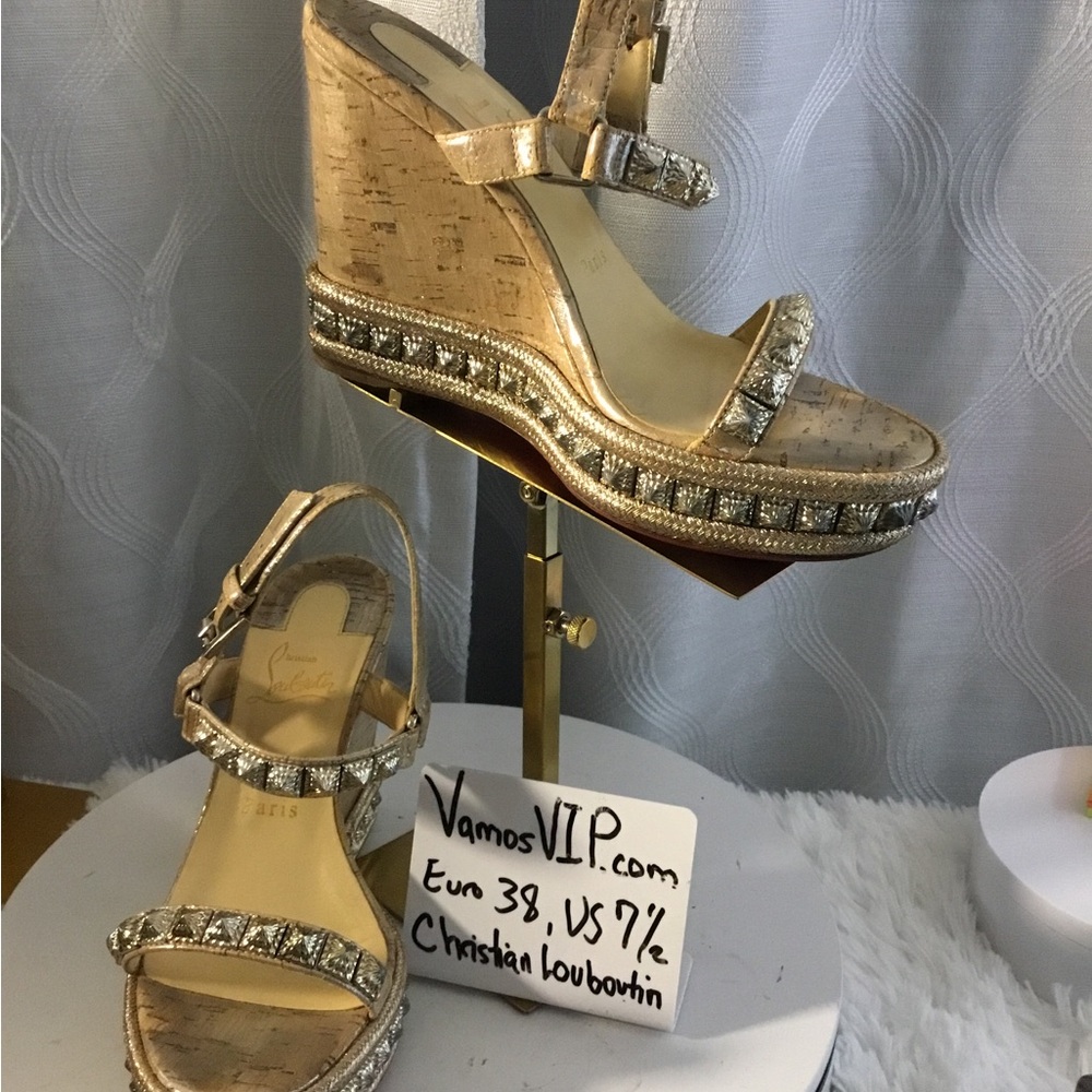 Christian Louboutin Pyraclou Wedge Champagne Gold Wedg Sandals